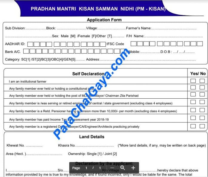 PM Kisan Samman Nidhi Form pdf Download