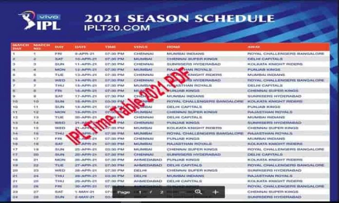IPL Time Table 2021 PDF